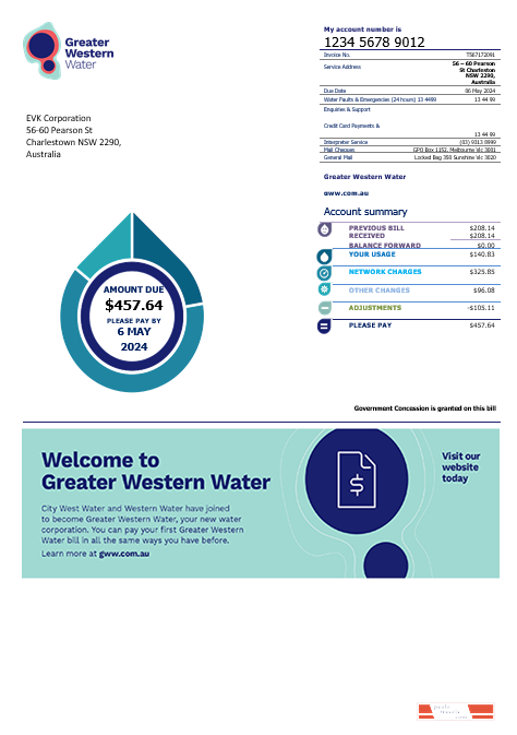 Australia Greater Western Water business utility bill template in PSD template